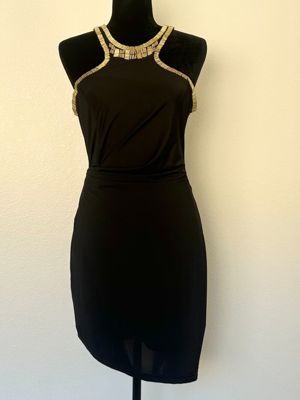 Ark & Co Black Gold Block Hardware Halter Asymmetric Wrap Mini Dress M